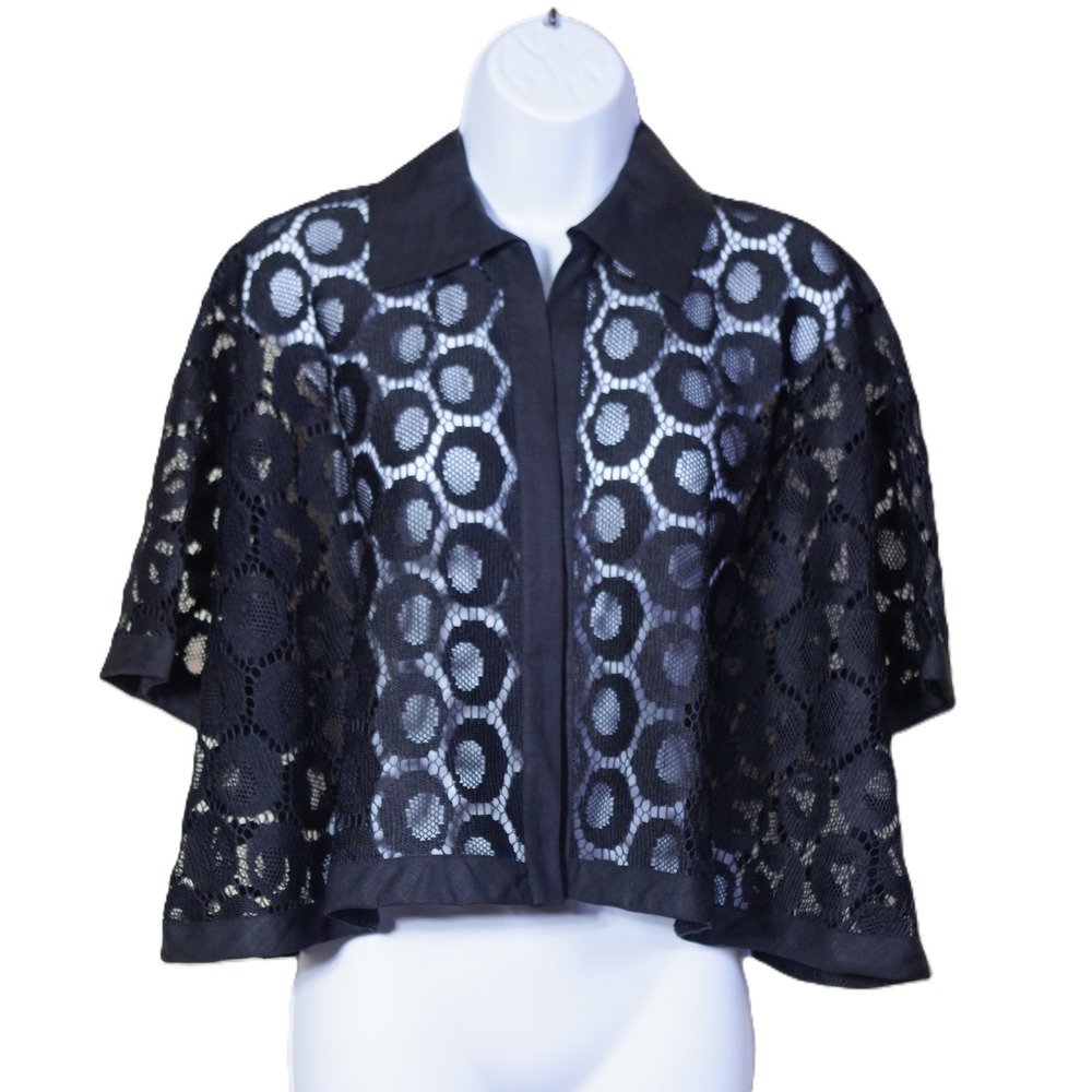 Andrea Jovine M Black Lace Geometric Circle Crop Jacket Short Sleeve Linen Trim